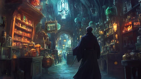 Wizard explores glowing arcane apothecary under vaulted arches.