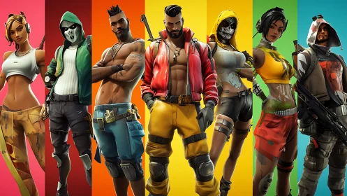 Neon squad standoff in rainbow alleys of battle royale style.