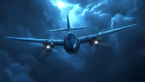 Moonlit twin engine aircraft glides bravely through storm clouds