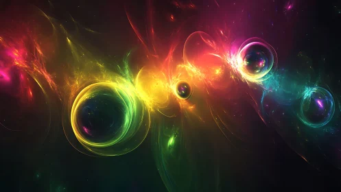 Nebula orbs drift through radiant prismatic cosmic waves