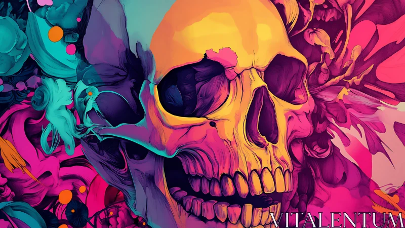 Neon chromatic skull illustration with abstract floral turbulence