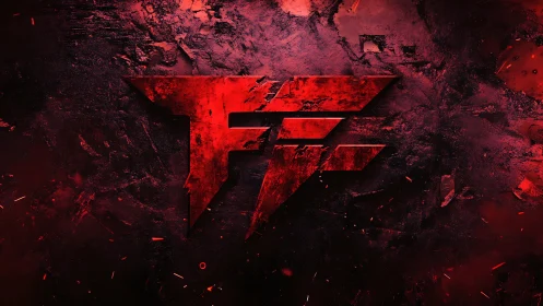 Red textured monogram logo over grunge illuminated backdrop.