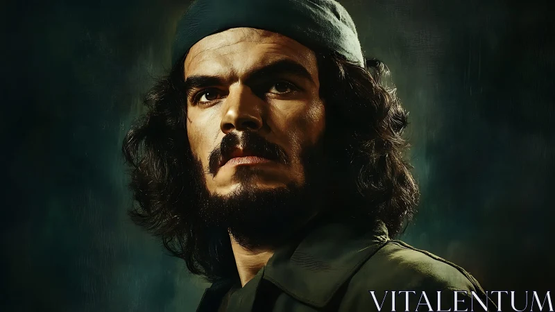 Brooding rebel gaze beneath storm-dark painterly light.