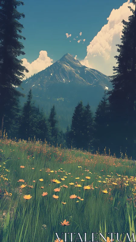 Sunlit alpine meadow leads toward a snow-capped mountain summit