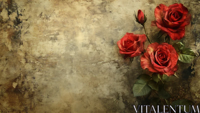 Red Roses Against Weathered Grunge Wall Texture