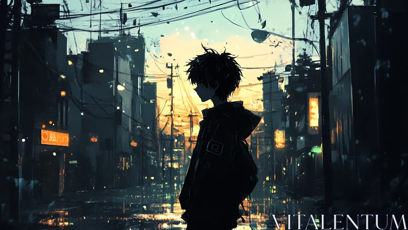 Silhouetted youth in neonlit alley at moody urban twilight.