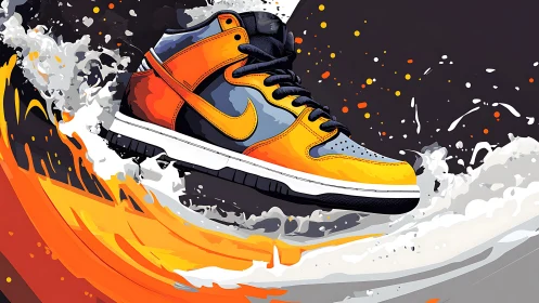 Dynamic sneaker illustration with bold orange fire splash.