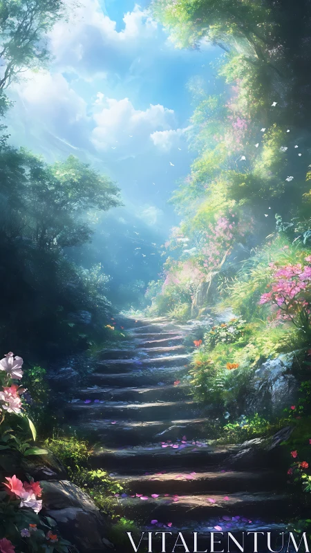 Stone garden steps rising through dense flowering greenery.