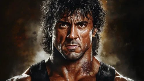 Battle-hardened warrior framed in smoky golden light.