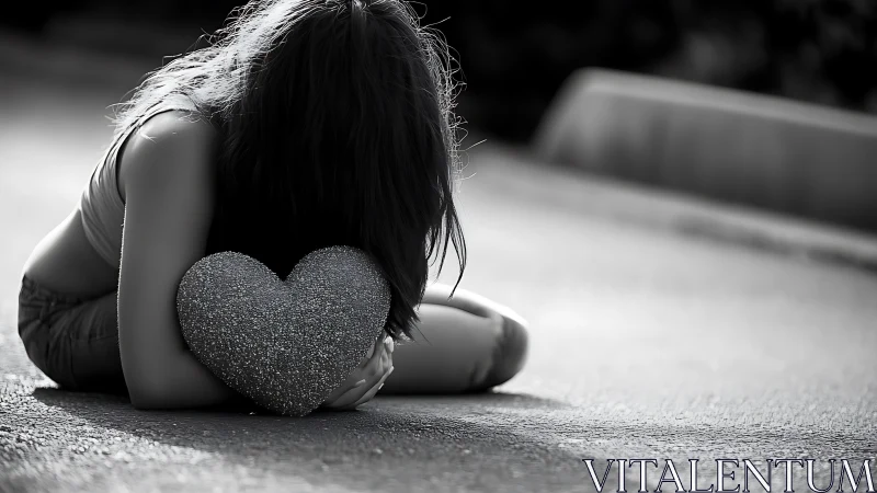 Sad young woman hugging glitter heart, emotional black-and-white photo.