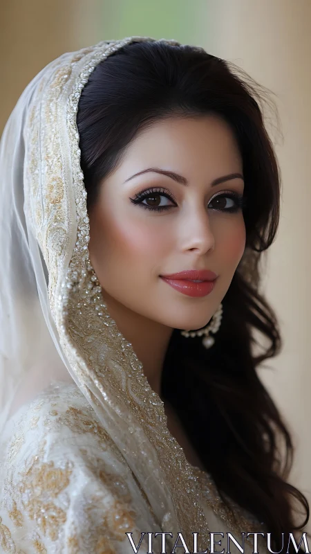 Photorealistic bridal portrait with ornate embroidered veil.