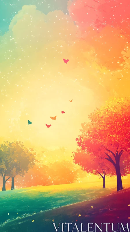 Digital painting of luminous gradient grove with butterflies.