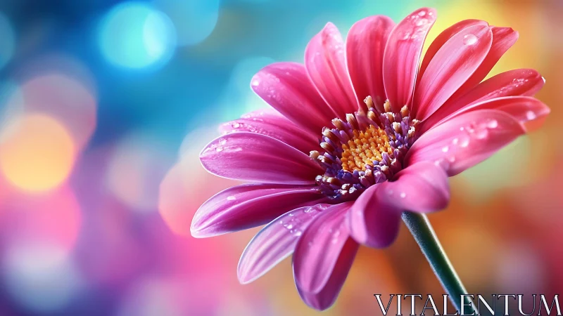 Pink Gerbera Daisy with Water Droplets Against Blurred Bokeh Background.
