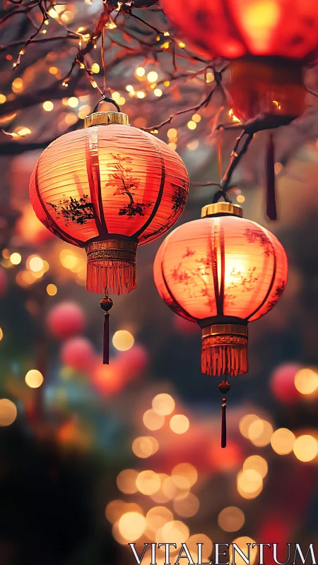 Red Chinese lanterns hang from tree branches at night