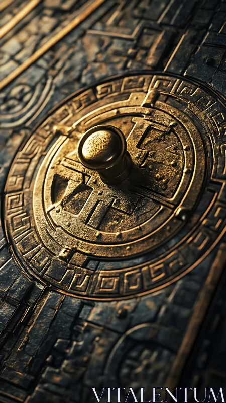 Bronze circular lock on ornate engraved metal door.