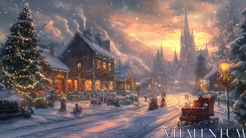 Snowy Christmas village street under glowing sunset sky.
