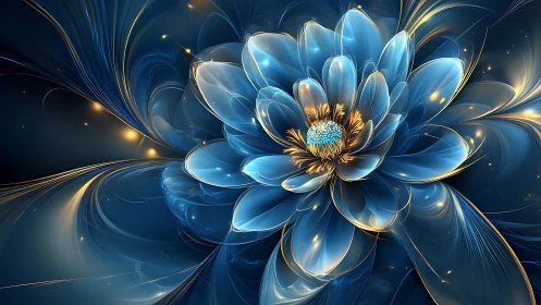 Fractal blue flower with luminous petals on dark background.