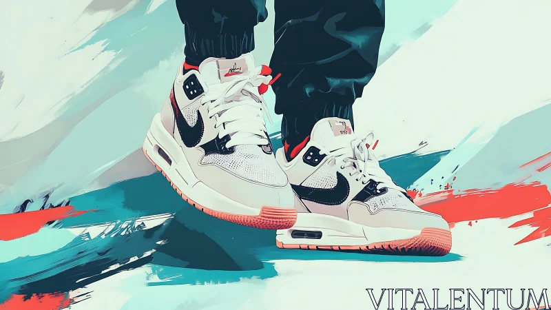 Brushstrokes sprint beneath bold sneakers catching city light