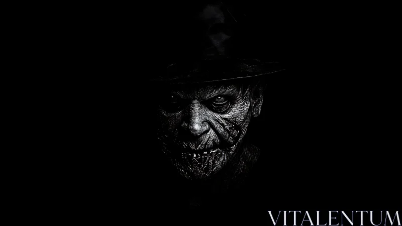 Wrinkled horror face emerges from deep black background