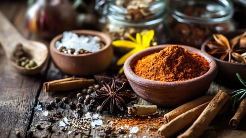 Spice market still-life where wooden bowls glow with heat.