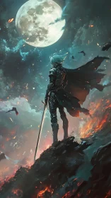 Lone armored warrior gazes at colossal moon over ruins.