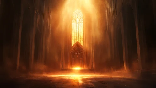 Cathedral nave glows under intense golden celestial light
