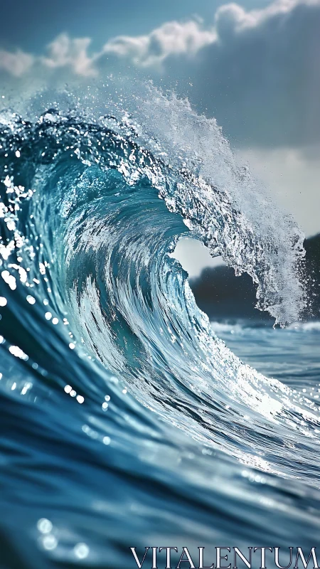 Breaking ocean wave curls toward camera under bright sky