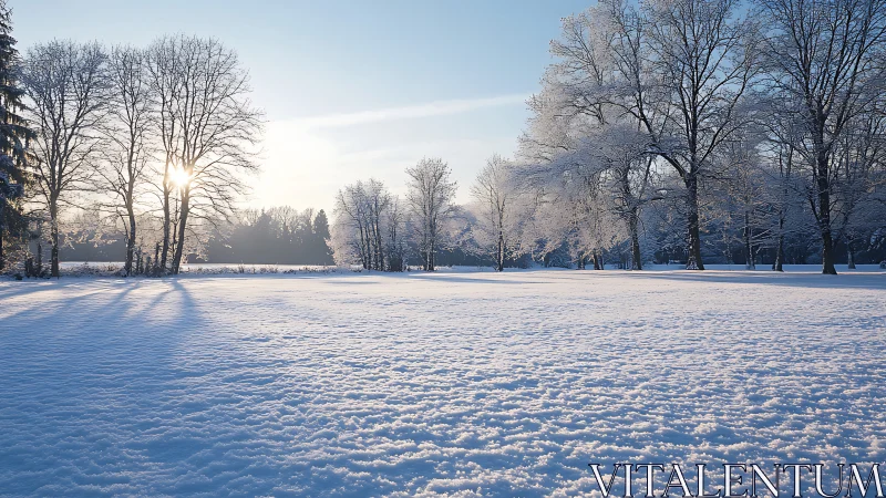 Sunlit winter field with frosted trees and gentle blue shadows.