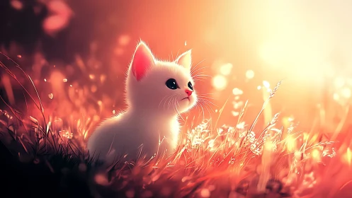 White Kitten in Golden Sunset Field.