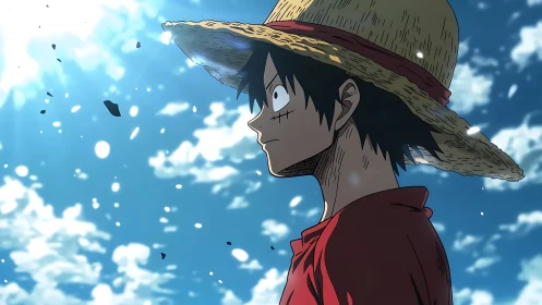 Straw hat anime boy stares ahead under bright sky.
