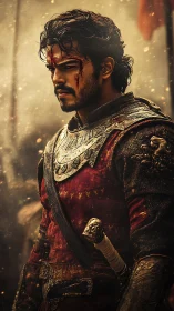 Wounded warrior stands in burning battlefield haze