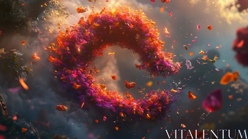 Whirling ring of glowing petals in a dreamy twilight sky.