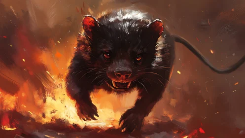 Dynamic digital painting of charging feral creature in flames.