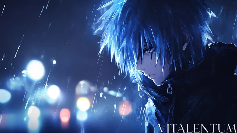 Blue haired anime boy stands in rainy neon city night.