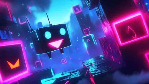 Neon voxel robot avatar in floating cyber corridor environment