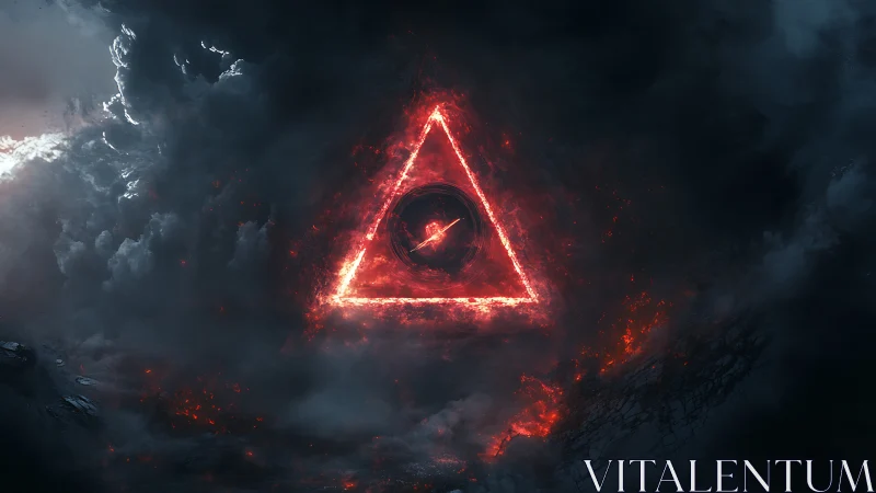 Glowing red triangle ignites stormy dark cloud vortex
