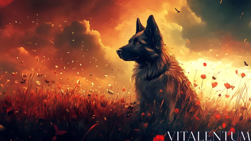 Shepherd dog in poppy field under luminous sunset sky