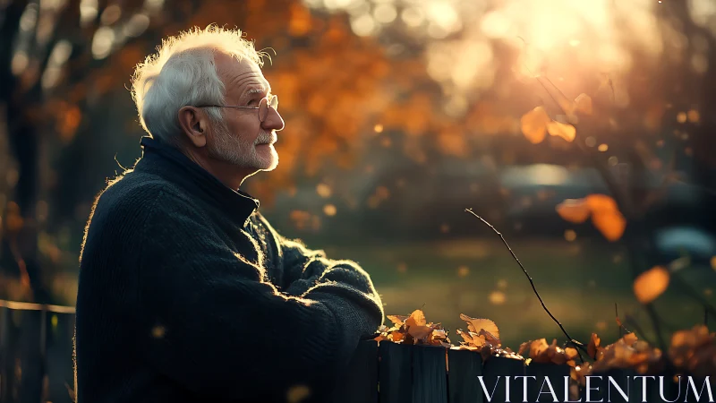 Gentle autumn sunlight embraces a reflective elderly man outdoors