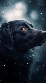 Black dog gazes upward in softly falling winter snow.