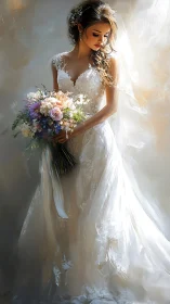 Digital painting shows bride in lace gown holding bouquet