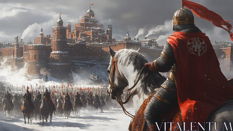 Mounted armored leader surveying winter fortress approach.