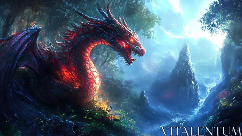 Luminous crimson dragon in bioluminescent forest ravine panorama.