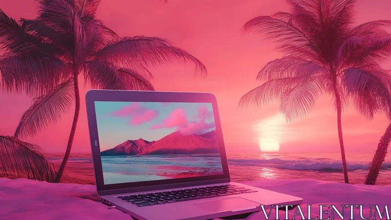 Laptop on neon tropical beach under saturated magenta sunset.