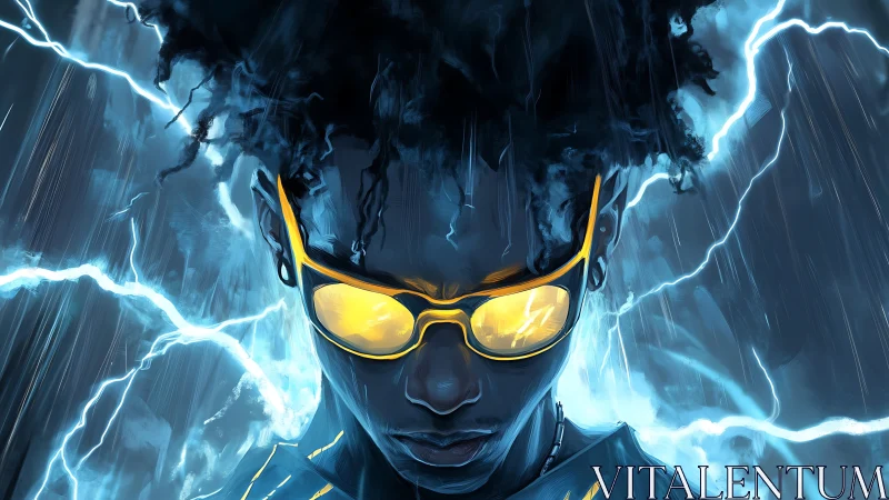 Electrified portrait of neon-lit youth amid storm currents