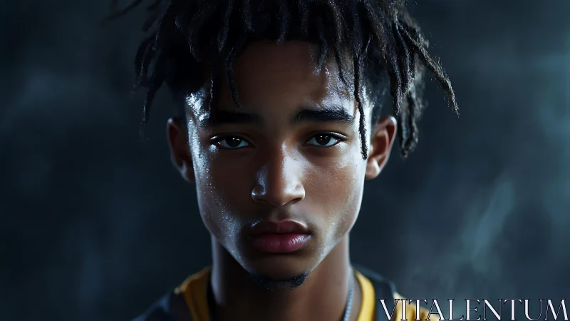 Sweat-dappled young athlete stares into moody studio light