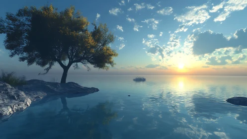 Lone shoreline tree mirrored in tranquil digital sunset seascape.