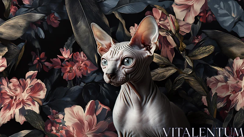 Hairless Feline Emerges Amid Blooming Floral Composition