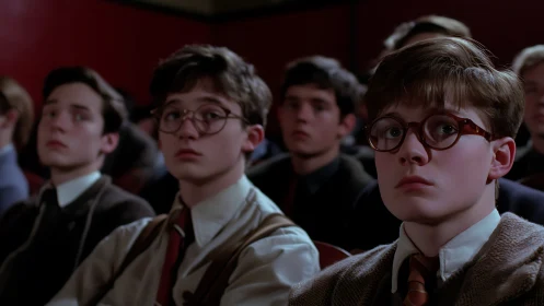 Male students in formal attire seated in lecture hall setting.
