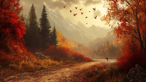 Autumn mountain valley path glows under warm evening light