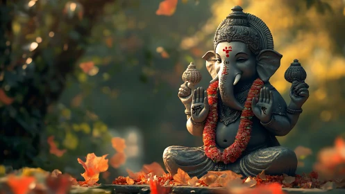 Ganesha statue glows amid autumn leaves and soft bokeh light.